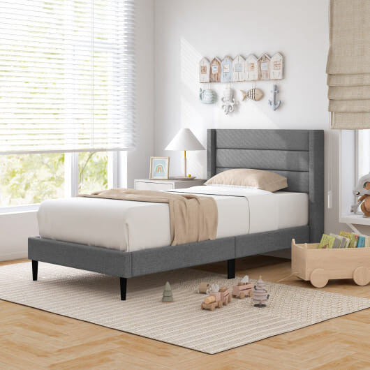 Linen Upholstered Platform Twin/Queen Bed Frame with Wingback Headboard-Twin Size - Color: Gray - S D681-HU10729GR-T