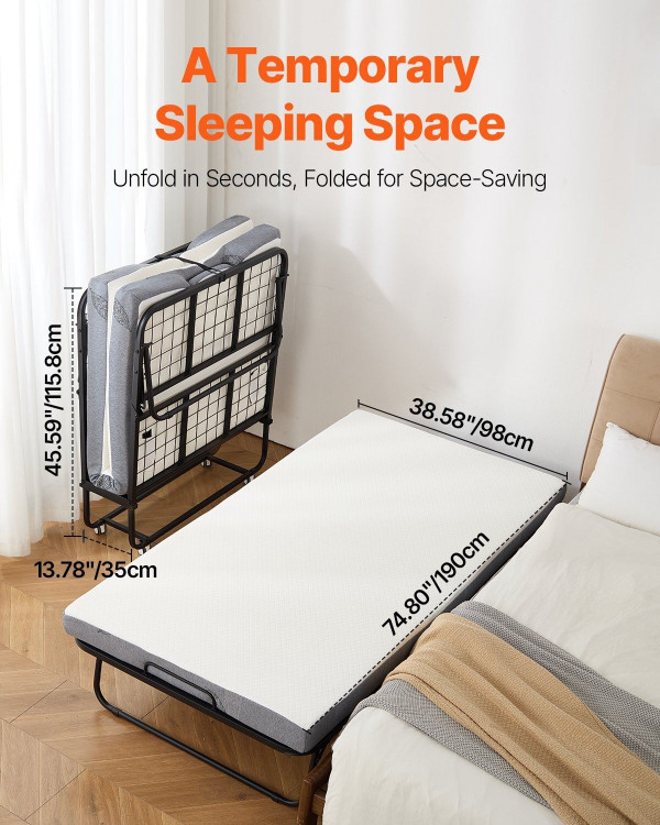  Rollaway Bed, 38 in x 75 in Folding Bed with 4 in Mattress, Twin Size Foldable Bed with Sturdy Met E415-ZDC38YC4INCHYORRBV0