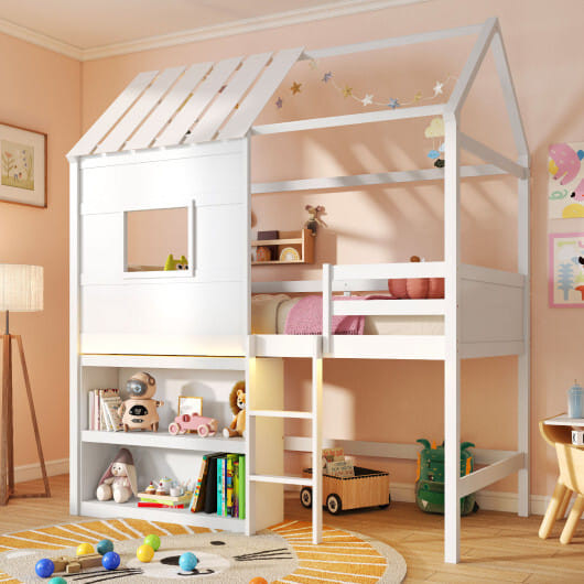 Twin Size Loft Bed with LED Lights  Roof  Window and Storage Bookshelf-White - Color: White - Size: D681-HU11232WHT+
