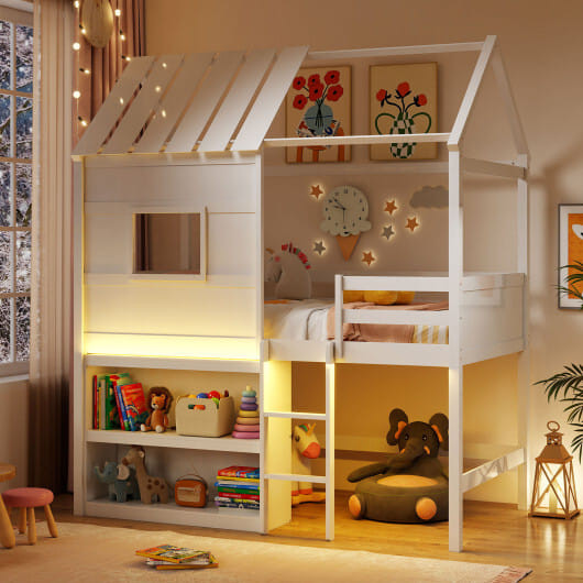 Twin Size Loft Bed with LED Lights  Roof  Window and Storage Bookshelf-White - Color: White - Size: D681-HU11232WHT+