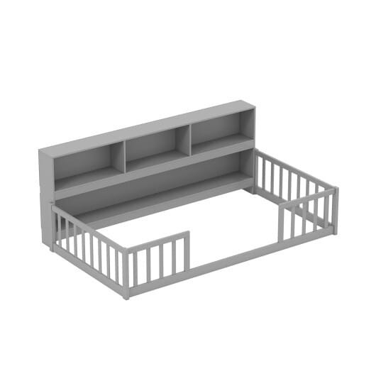 Twin Size Montessori Floor Bed with Bookcase-Gray - Color: Gray - Size: Twin Size D681-HU11132GY-T