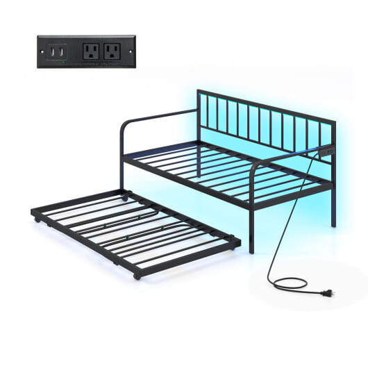 Twin Daybed with Charging Station and LED Lights-Black - Color: Black - Size: Twin Size D681-HU10700DK