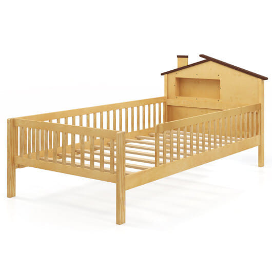 Twin Size Kids Montessori Bed with House-Shaped Headboard and Built-in Storage Shelf-Natural - Colo D681-HU11001NA-T