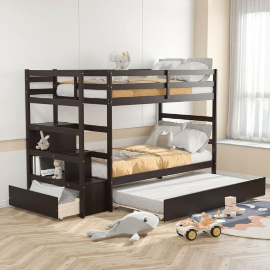 Twin Over Twin Bunk Bed with Storage Shelf and Drawer-Dark Brown B593-HU10041+