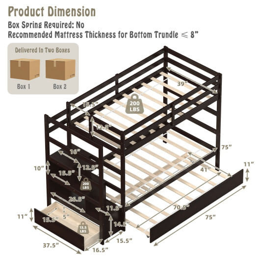 Twin Over Twin Bunk Bed with Storage Shelf and Drawer-Dark Brown B593-HU10041+