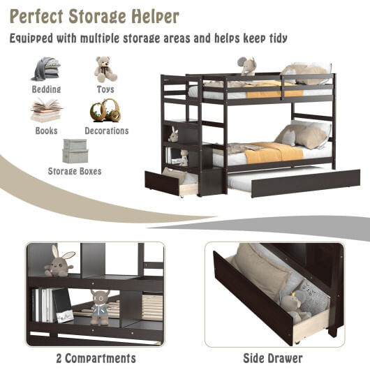 Twin Over Twin Bunk Bed with Storage Shelf and Drawer-Dark Brown B593-HU10041+