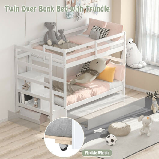 Twin Over Twin Bunk Bed with Storage Shelf and Drawer-Dark Brown B593-HU10041+