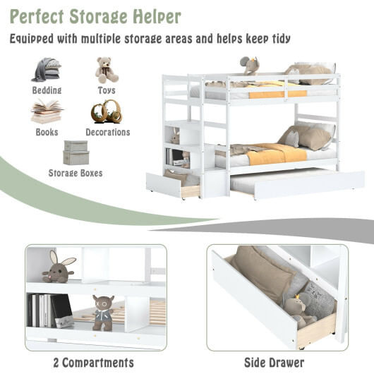 Twin Over Twin Bunk Bed with Storage Shelf and Drawer-Dark Brown B593-HU10041+