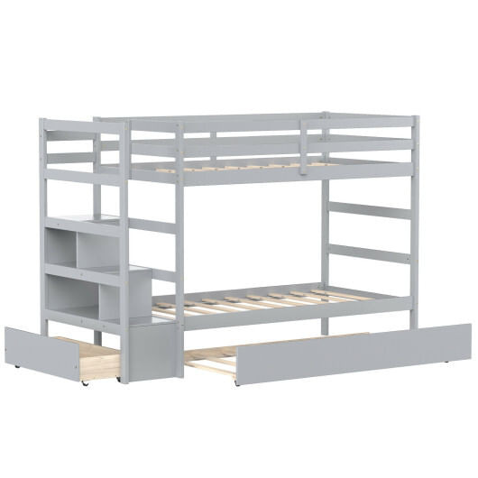 Twin Over Twin Bunk Bed with Storage Shelf and Drawer-Dark Brown B593-HU10041+
