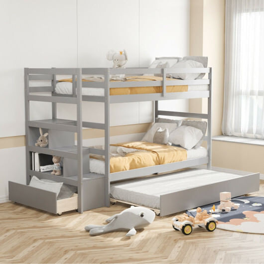 Twin Over Twin Bunk Bed with Storage Shelf and Drawer-Dark Brown B593-HU10041+