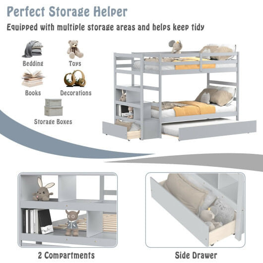 Twin Over Twin Bunk Bed with Storage Shelf and Drawer-Dark Brown B593-HU10041+