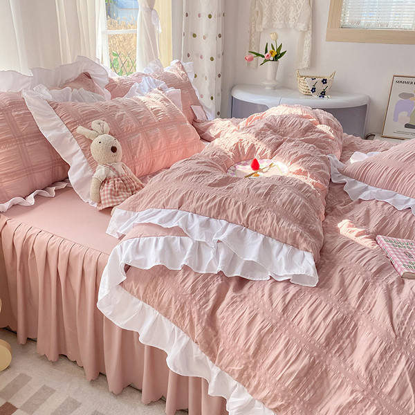 Color: Bean Paste, Size: 1.8M Bed Skirt - Solid Color Four-piece Quilt Cover Bed Skirt Bedding Set Q119-CJCS153282608HS