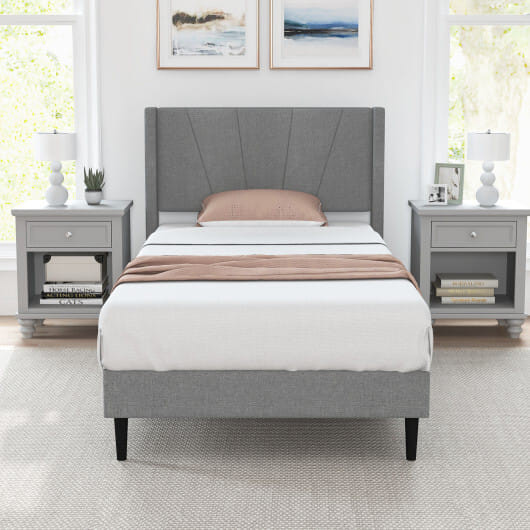 Twin/Queen Bed Frame with Linen Upholstered Wingback Headboard-Twin Size B593-HU10730GR