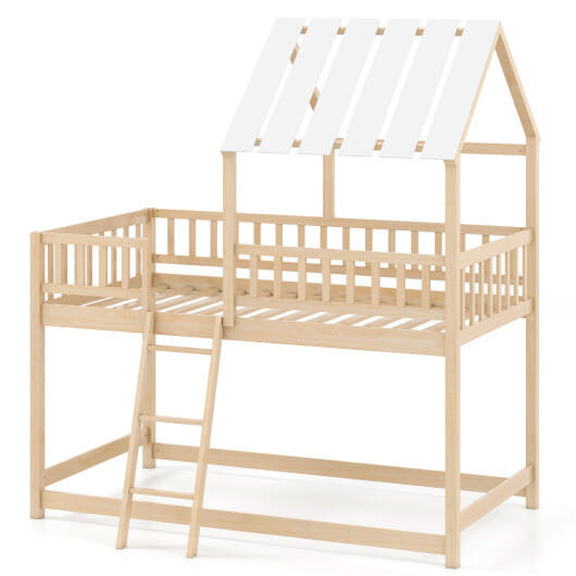 Twin Over Twin House Bunk Bed with Roof and Full-length Guardrails for Kids Teens Boys Girls-Natura D681-HU11271NA-T
