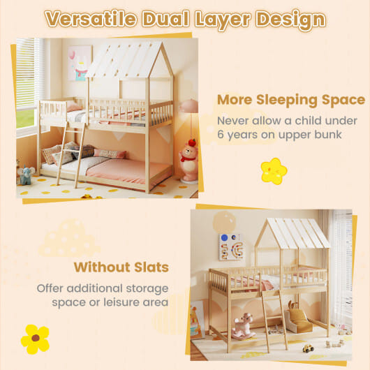Twin Over Twin House Bunk Bed with Roof and Full-length Guardrails for Kids Teens Boys Girls-Natura D681-HU11271NA-T