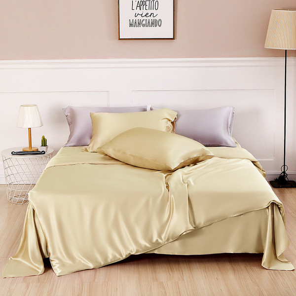 Color: Light champagne, Size: 1.8m fitted sheet - Silk Four Piece Set, Solid Color, Simple Nordic S Q119-CJCS161279010JQ