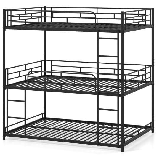 Metal Triple Bunk Bed with Safety Guardrails and 2 Ladders-Black - Color: Black D681-HU10949DK+