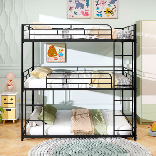 Metal Triple Bunk Bed with Safety Guardrails and 2 Ladders-Black - Color: Black D681-HU10949DK+
