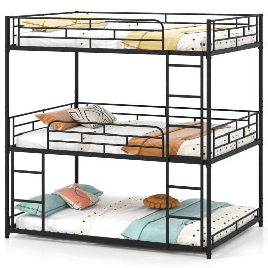 Metal Triple Bunk Bed with Safety Guardrails and 2 Ladders-Black - Color: Black D681-HU10949DK+