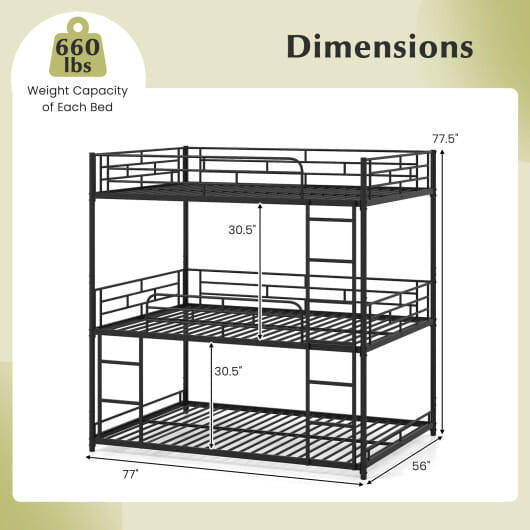 Metal Triple Bunk Bed with Safety Guardrails and 2 Ladders-Black - Color: Black D681-HU10949DK+