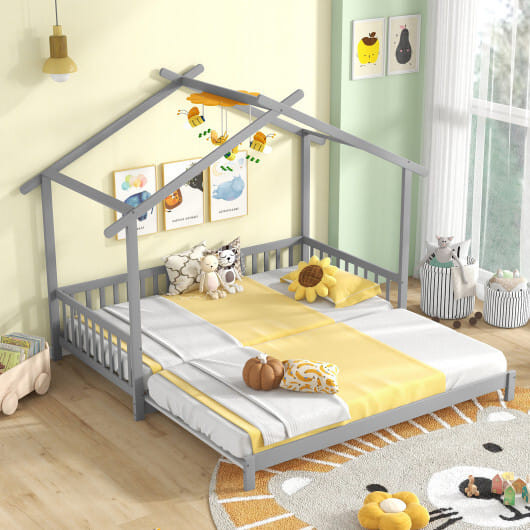 Extendable House Bed Twin to King Daybed with Roof and Fence Rails-Gray B593-HU10798-T