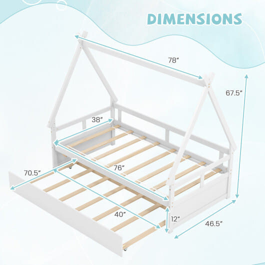 Twin Size House Bed with Trundle and Safety Guardrail-White - Color: White - Size: Twin Size D681-HU10914WH