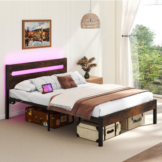 Heavy-Duty Metal Slats Support Bed Platform with Charging Station-Walunt B593-HU11120US