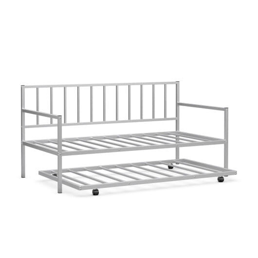 Twin Metal Daybed Sofa Bed Set with Roll Out Trundle-Silver - Color: Silver - Size: Twin Size D681-HW68724SL