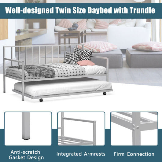 Twin Metal Daybed Sofa Bed Set with Roll Out Trundle-Silver - Color: Silver - Size: Twin Size D681-HW68724SL