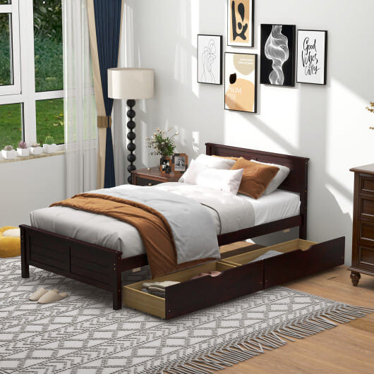 Twin Size Bed Frame with Storage Drawers-Espresso - Color: Espresso - Size: Twin Size D681-HU10561CF-T