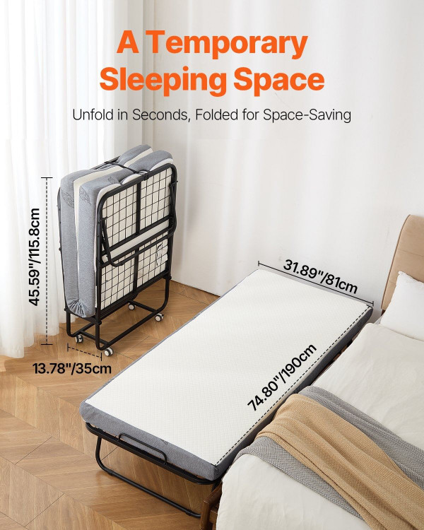  Rollaway Bed, 31 in x 75 in Folding Bed with 5 in Mattress, Twin Size Foldable Bed with Sturdy Met E415-ZDC31YC5INCHYSFFMV0