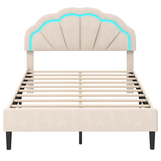 Upholstered LED Bed Frame with Adjustable Flower Headboard and Metal Support Feet-Full Size - Color D681-HU10863BE-F