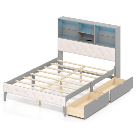 Full Size Bed Frame with Bookcase Headboard and LED Lights-Gray - Color: Gray D681-HU11038GR-F