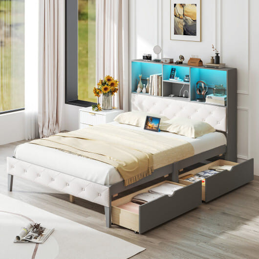 Full Size Bed Frame with Bookcase Headboard and LED Lights-Gray - Color: Gray D681-HU11038GR-F