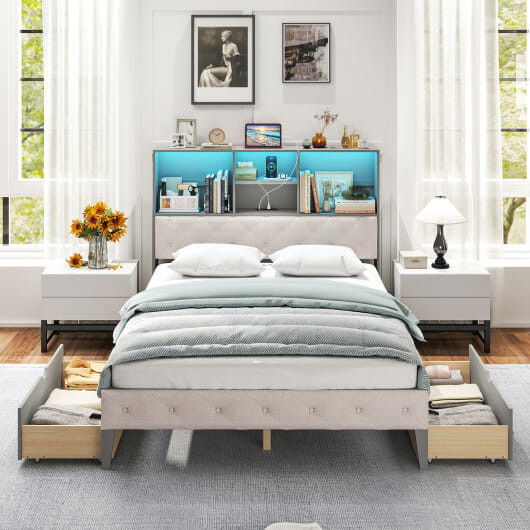 Full Size Bed Frame with Bookcase Headboard and LED Lights-Gray - Color: Gray D681-HU11038GR-F