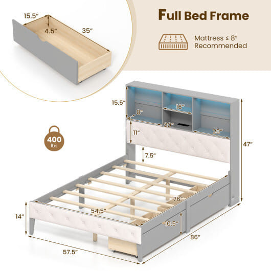 Full Size Bed Frame with Bookcase Headboard and LED Lights-Gray - Color: Gray D681-HU11038GR-F