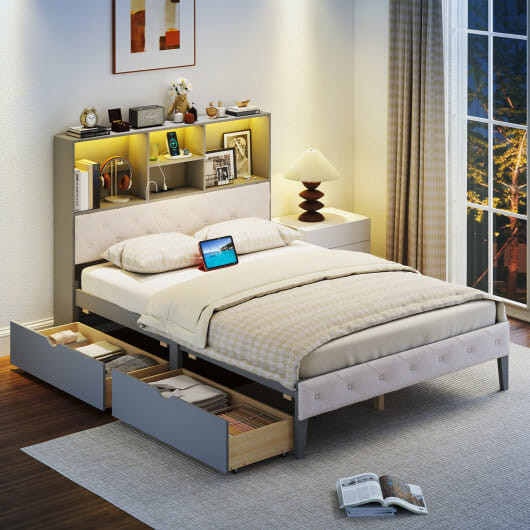 Full Size Bed Frame with Bookcase Headboard and LED Lights-Gray - Color: Gray D681-HU11038GR-F