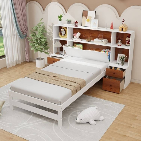 Twin Bed Frame with White Walnut Bookcase Storage Headboard and 2 Nightstands Q280-TWNDR37204