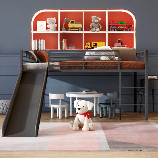 Twin Metal Loft Bed with Slide Safety Guardrails and Built-in Ladder-Black - Color: Black - Size: T D681-HU10160DK