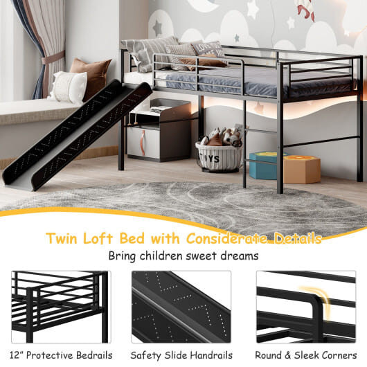 Twin Metal Loft Bed with Slide Safety Guardrails and Built-in Ladder-Black - Color: Black - Size: T D681-HU10160DK