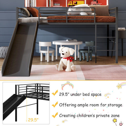Twin Metal Loft Bed with Slide Safety Guardrails and Built-in Ladder-Black - Color: Black - Size: T D681-HU10160DK