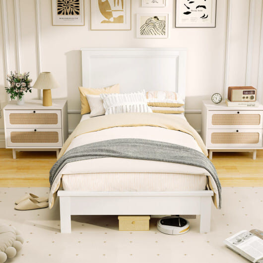 Twin Size Wooden Bed Frame with Headboard and Slat Support-White B593-HU10900-T