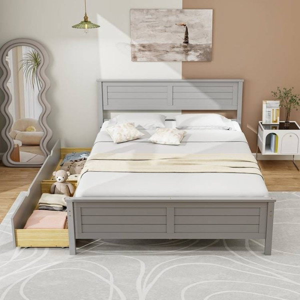 Full Size Grey Platform Bed Frame with 2 Storage Drawers Q280-GRFUL95887