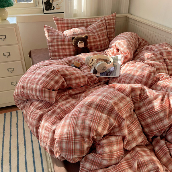 Pattern: Halle Red Plaid, Size Specification: 1.8M Flat Sheet - Spring Japanese Style Plaid Cotton  Q119-CJCS234261709IR