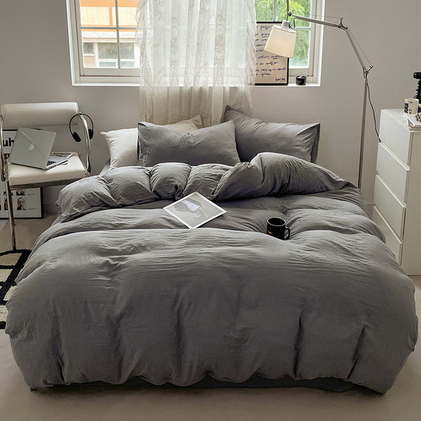 Color: Streamer Gray, Size: 1.5m 4PCs Quilt Cover 180x220 - Solid Color Super Soft Washed Cotton Be Q119-CJCS244183151YB