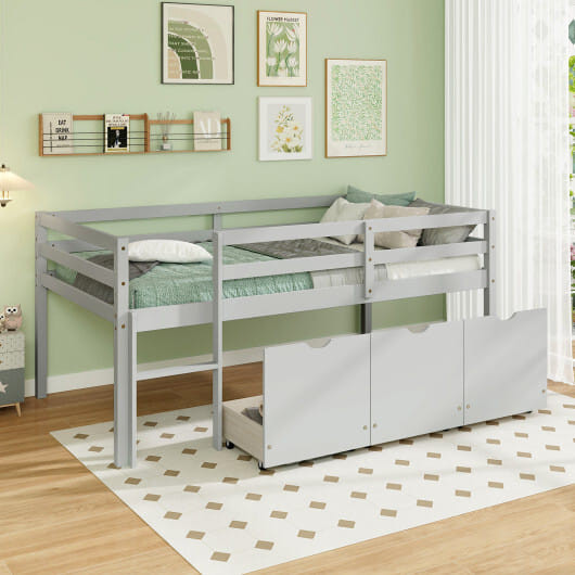 Twin Size Low Loft Bed with 3 Drawers with Ladder and Full-length Guardrails-Gray B593-HU10706