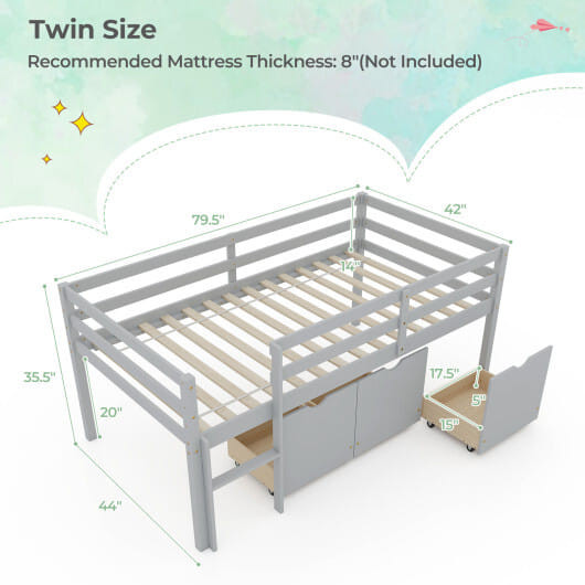 Twin Size Low Loft Bed with 3 Drawers with Ladder and Full-length Guardrails-Gray B593-HU10706