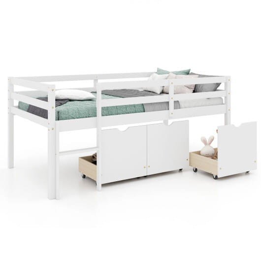 Twin Size Low Loft Bed with 3 Drawers with Ladder and Full-length Guardrails-Gray B593-HU10706