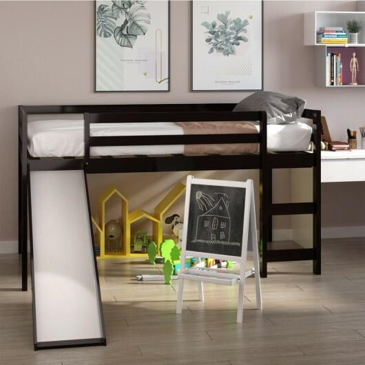 Twin Size Low Sturdy Loft Bed with Slide Wood-Dark Brown - Color: Dark Brown D681-HW64315ES