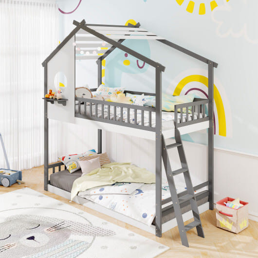 Twin over Twin House Bunk Bed with Roof and Guardrails for Kids-White & Gray B593-HU10999+